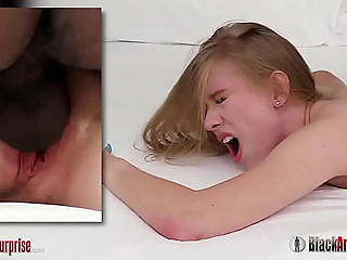 Blonde teen Mella gets surprised by huge BBC and moans with pleasure.